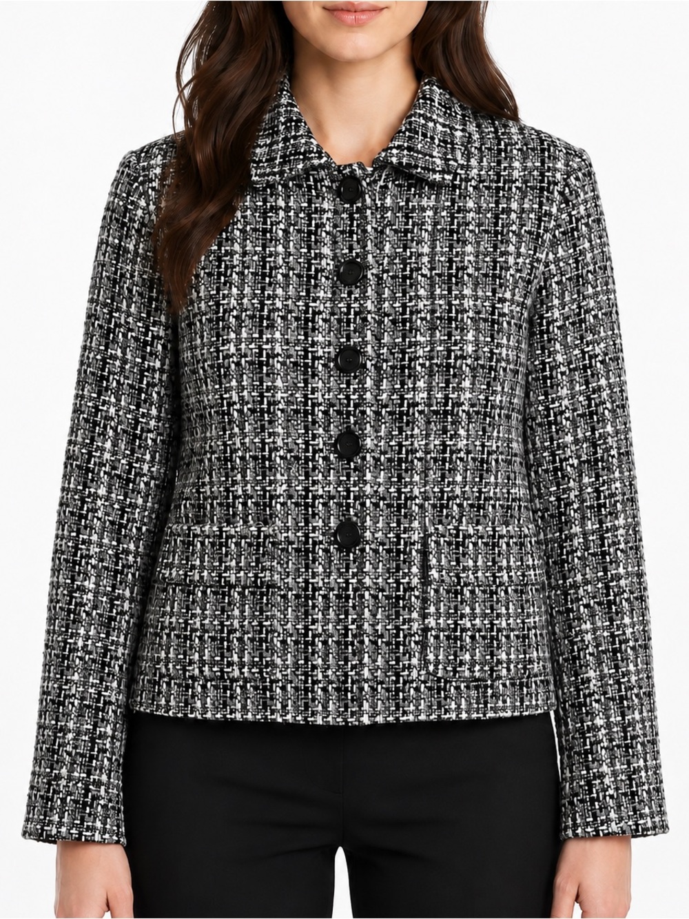 Y2K Womens Black White Tweed Boucle Jacket Large Button Front Classic Preppy EUC